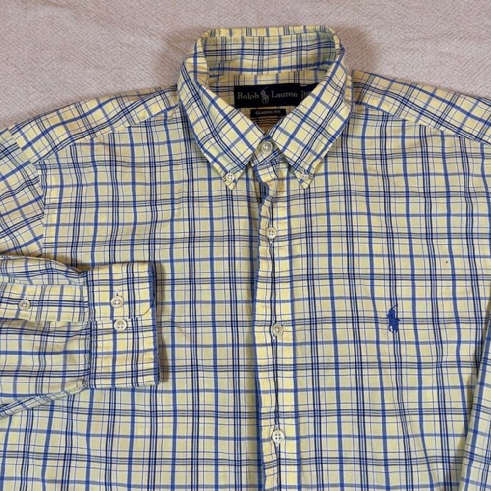 Ralph Lauren Mens Classic Fit Long Sleeve Yellow Blue Plaid Shirt Size 16 1/2‎